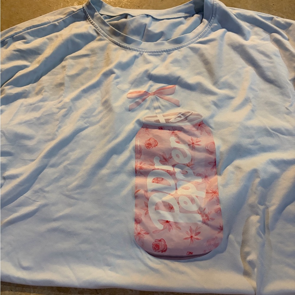 Light Blue Graphic Tee with Pink Dr Pepper Design